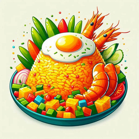 Illustration of a plate of rice with fried egg and vegetables on a white backgroundのイラスト素材