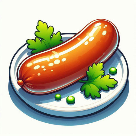 Sausage on a plate with parsley. Vector illustration.のイラスト素材