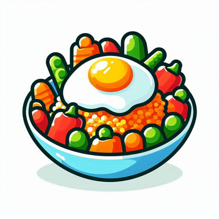 Vegetable salad in bowl with fried egg. Healthy food vector illustration.のイラスト素材