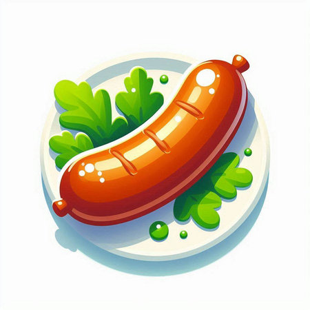 Sausage on a plate with parsley. Vector illustration.のイラスト素材