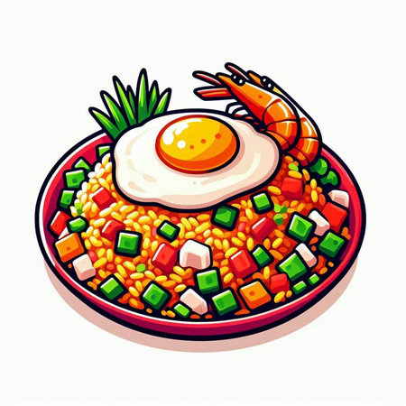 Fried rice with shrimps and vegetables. Vector illustration.のイラスト素材