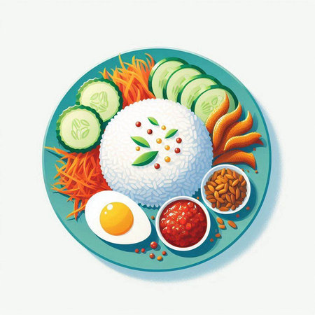 Illustration of a plate with rice, vegetables and fried egg.のイラスト素材