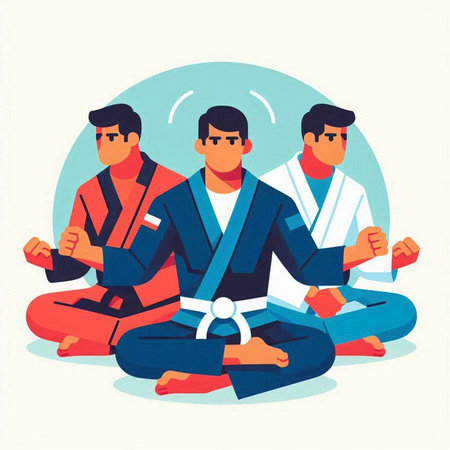 Martial arts vector illustration. Two men in kimono meditating and meditating.のイラスト素材