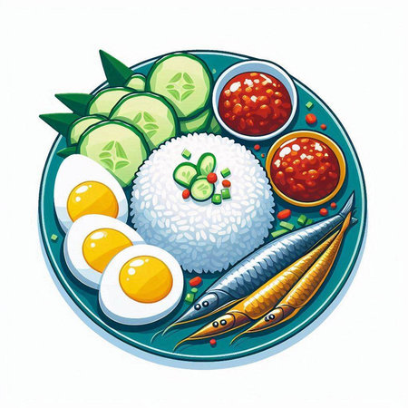 Illustration of fish, eggs, cucumber and tomato sauce on a plateのイラスト素材