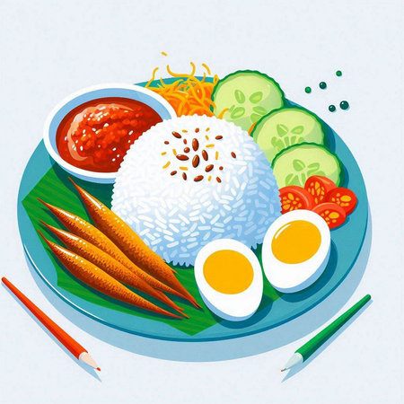 Illustration of a plate of rice with chopsticks and vegetables.のイラスト素材