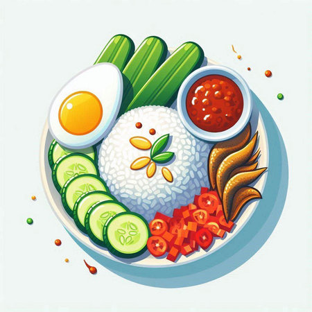Illustration of a bowl of rice, egg, cucumber and chili sauceのイラスト素材
