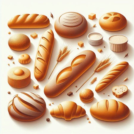 Bakery products 3d realistic set. Bread, croissant, baguette, buns, baguette. Vector illustrationのイラスト素材