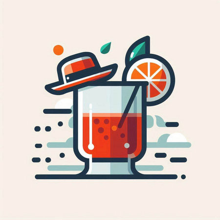 Vector illustration of a cocktail in a glass with a straw hat and a slice of orange.のイラスト素材
