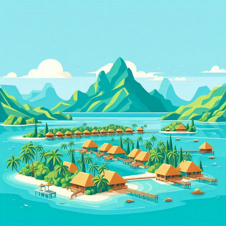 Beautiful island with bungalows and tropical palms. Vector illustrationのイラスト素材