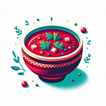 Gazpacho soup in clay bowl. Hand drawn vector illustration.のイラスト素材