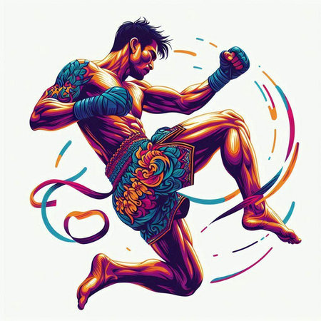 Muay Thai fighter in action. Thai martial art vector illustration.のイラスト素材