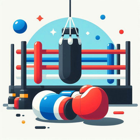Boxing ring with boxing gloves. Vector illustration in flat style.のイラスト素材