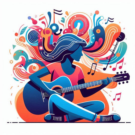 Vector illustration of girl playing guitar on colorful background with music notes.のイラスト素材