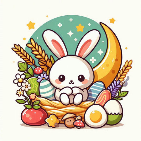 Cute cartoon bunny sitting on the crescent moon with easter eggsのイラスト素材