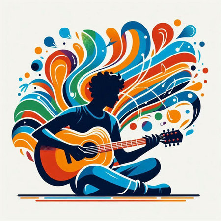 Vector illustration of a man playing the guitar on a colorful background.のイラスト素材