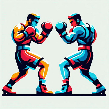 Boxing competition vector illustration, two male boxers fighting in dynamic actionのイラスト素材