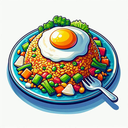 Vector illustration of a plate of lentil with fried egg and vegetablesのイラスト素材