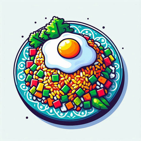 Bowl of rice with fried egg and vegetables. Vector illustration.のイラスト素材