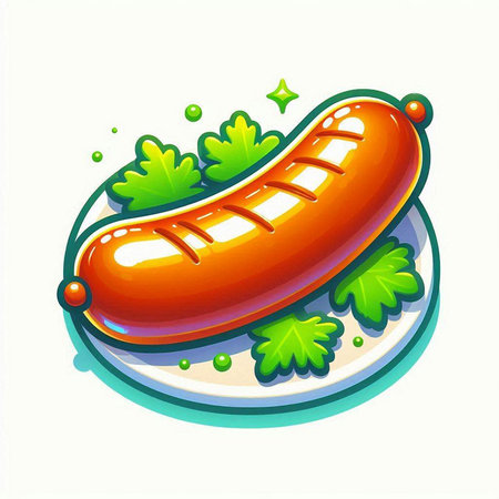 Sausage on a plate with parsley. Vector illustration.のイラスト素材