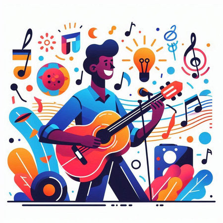 Musician playing guitar and singing songs. Flat style vector illustration.のイラスト素材