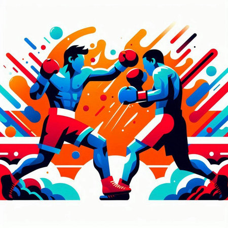 Two boxers fighting on a colorful background. Vector illustration in retro style.のイラスト素材