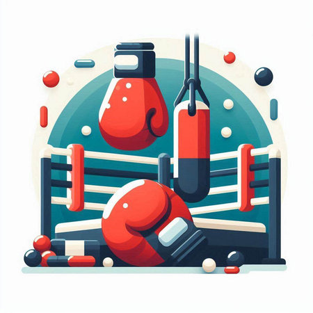 Boxing gloves and boxing ring. Vector illustration in cartoon style.のイラスト素材