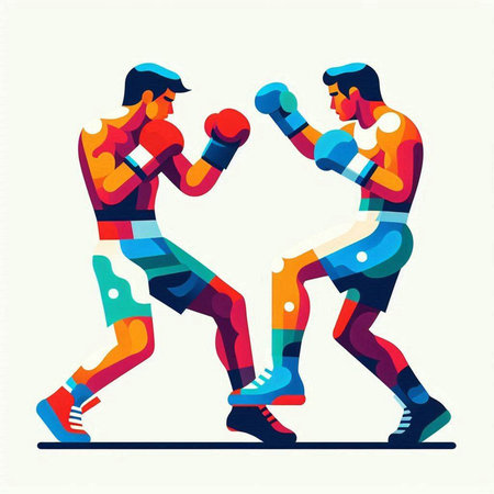 Boxing men in motion. Vector illustration in flat cartoon style.のイラスト素材
