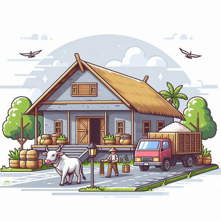 Livestock farm. Vector illustration of a farm house.のイラスト素材
