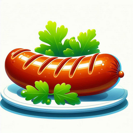 Sausage with parsley on a plate. Vector illustration.のイラスト素材