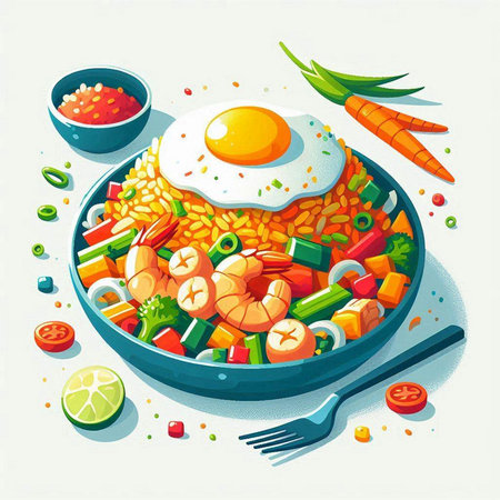 Fried rice with shrimp, vegetables and egg. Vector illustration.のイラスト素材