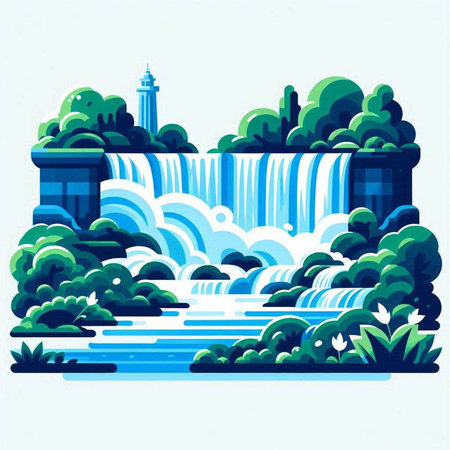 Waterfall in the city park, vector illustration in flat style.のイラスト素材