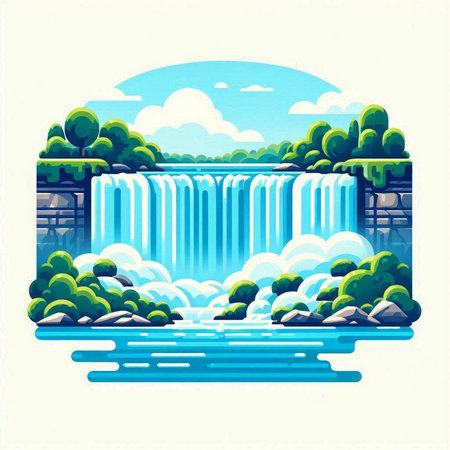 Waterfall. Waterfall on the river. Vector illustration in flat style.のイラスト素材