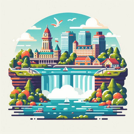 Flat design modern vector illustration concept of city landscape with waterfalls, buildings and river.のイラスト素材