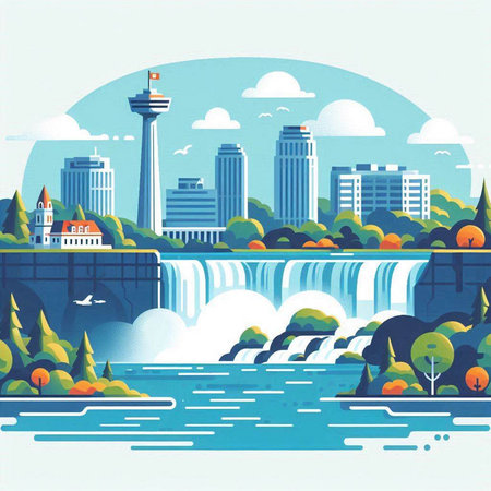 Waterfall in the city. Vector illustration in flat design style.のイラスト素材