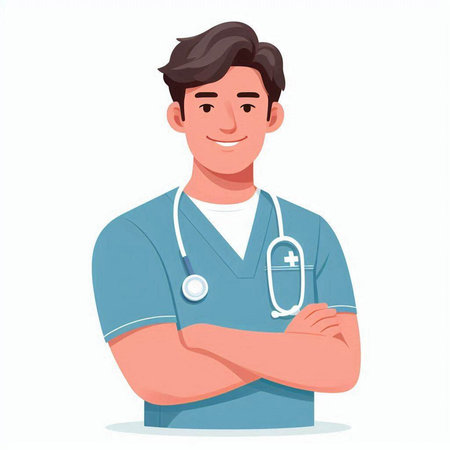Portrait of smiling doctor in uniform. Vector illustration in cartoon styleのイラスト素材