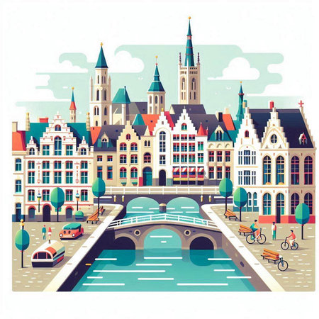 Bruges cityscape with canal and bridge. Vector illustration.のイラスト素材