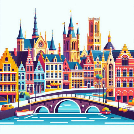 Panoramic view of Amsterdam, Netherlands. Colorful vector illustration.のイラスト素材