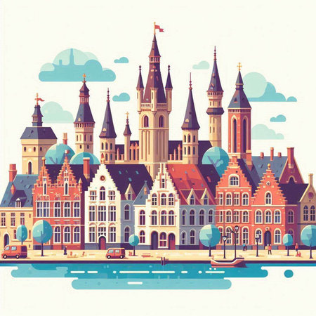 Cityscape of Bruges, Belgium, Europe. Vector illustrationのイラスト素材