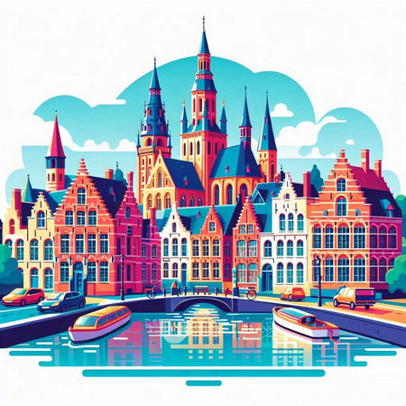 Panoramic view of Amsterdam, Netherlands. Colorful vector illustration.のイラスト素材
