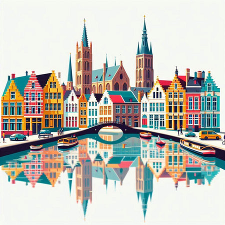 Bruges, Belgium. Canals and houses. Vector illustrationのイラスト素材