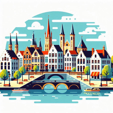 Cityscape with old houses, church and bridge. Vector illustration.のイラスト素材