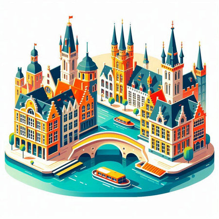 Flat isometric illustration of the city of Amsterdam, Holland.のイラスト素材