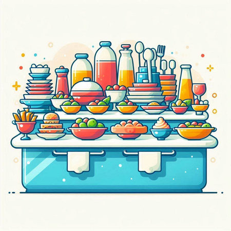 Vector illustration of a table with different dishes and utensils.のイラスト素材