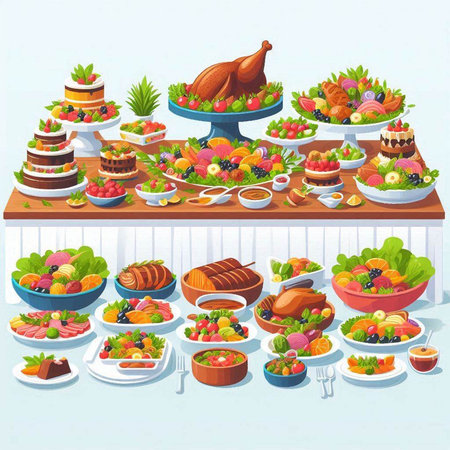 Illustration of a set of different dishes and appetizers on the tableのイラスト素材
