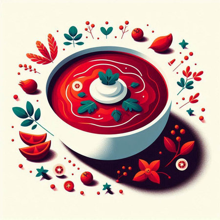 Bowl of red borscht with cream and berries. Vector illustration.のイラスト素材