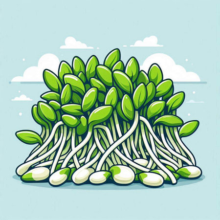 Illustration of green sprouts in cartoon style on blue background.のイラスト素材