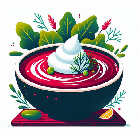 Bowl of delicious borscht with sour cream. Vector illustration.のイラスト素材