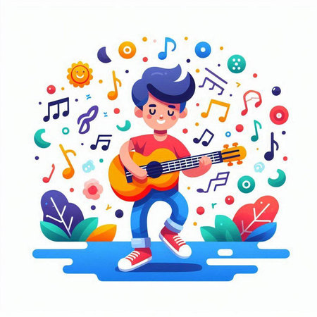 Little boy playing guitar and singing song. Vector illustration in cartoon styleのイラスト素材