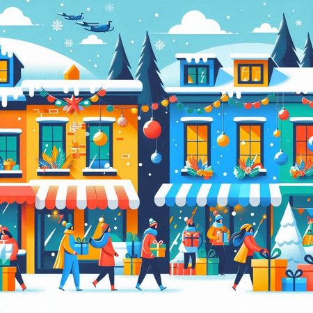 Christmas and New Year winter city street with people, vector illustration.のイラスト素材