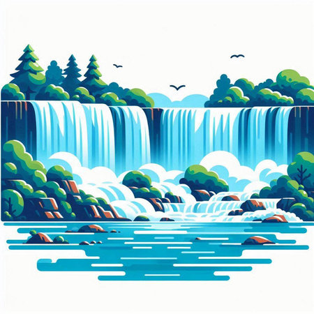 Waterfall in the forest. Waterfall on the river. Vector illustrationのイラスト素材